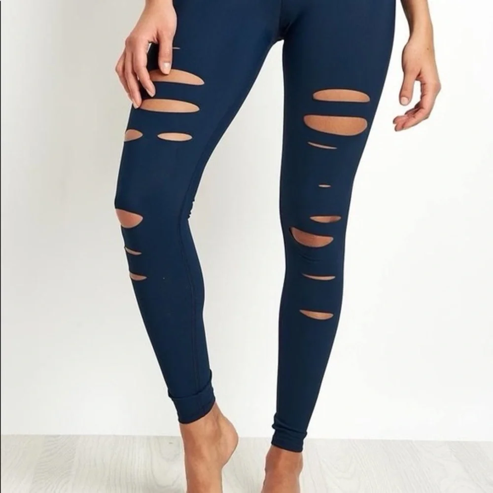 Alo Blue Ripped Warrior High Rise Yoga Leggings‎